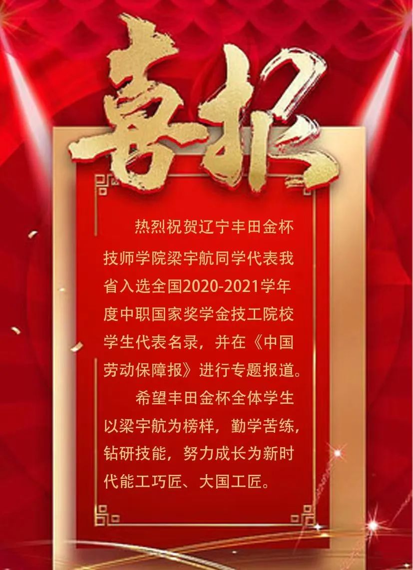 雏鹰展翅 志在高远 ——祝贺辽宁丰田金杯技师学院梁宇航同学代表我省入选国家奖学金技工院校学生代表名录